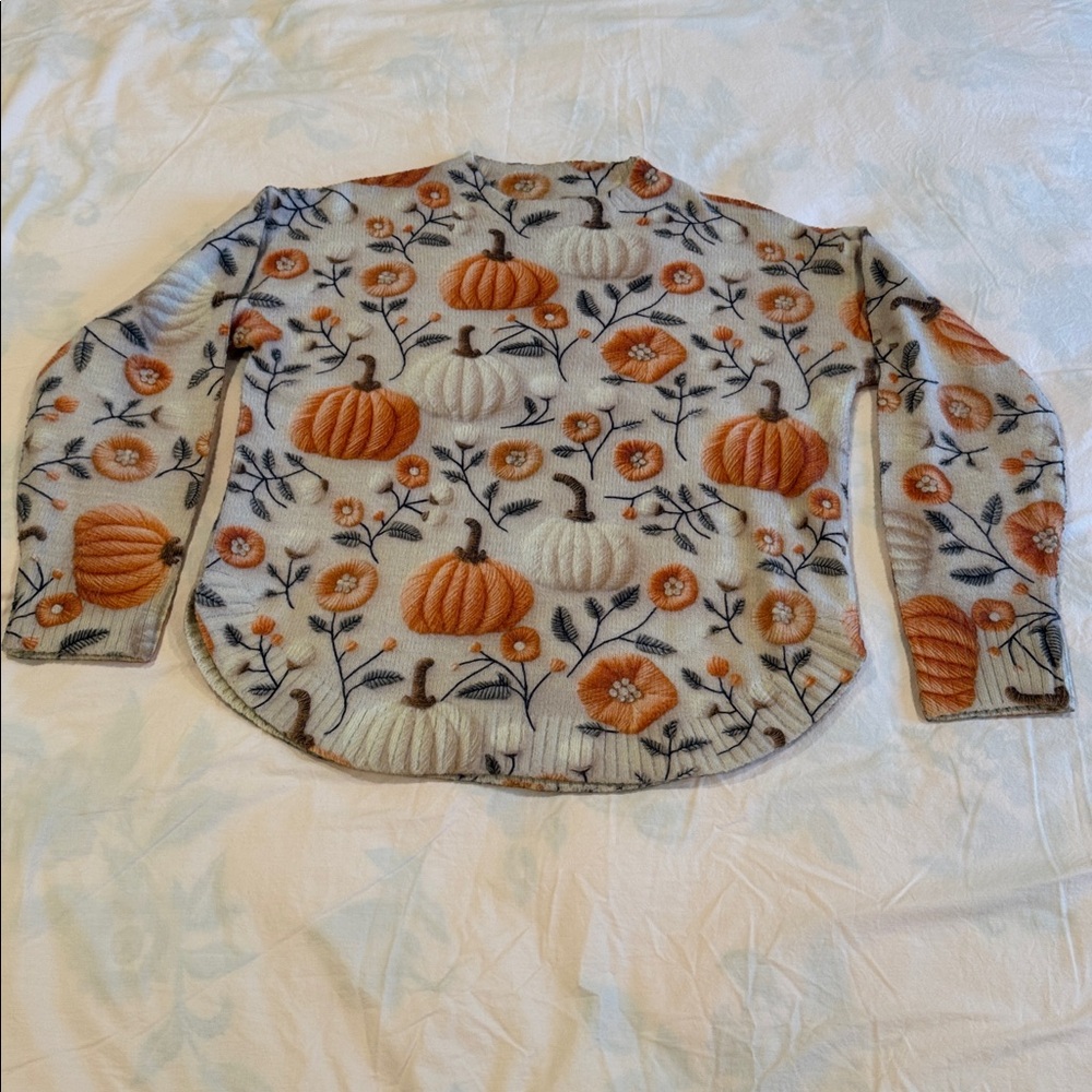 Pumpkins and Floral Print Crew Neck Sweater